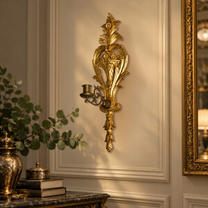 Candelabro de pared Wellington dorado, con hojas y volutas talladas y un brazo para vela.