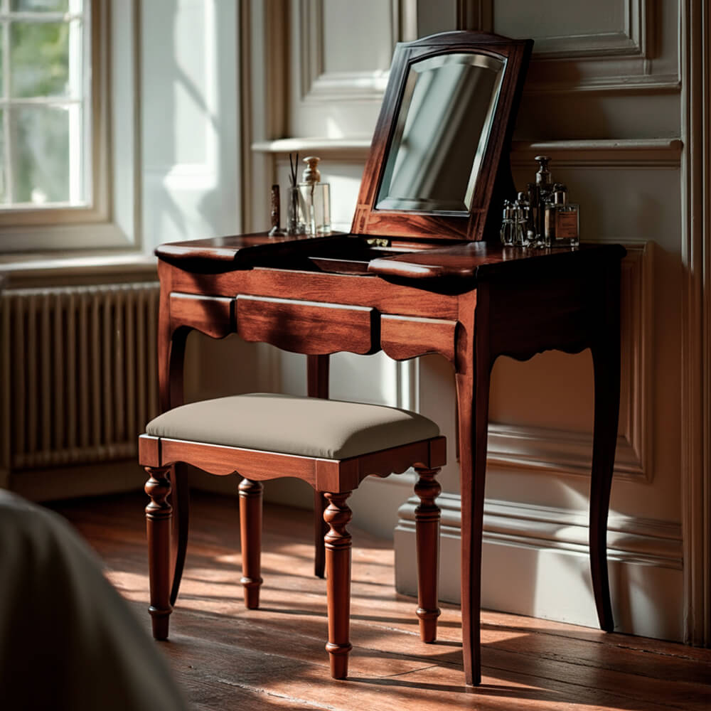 Tocador Neo con espejo levantado y taburete tapizado, junto a una ventana con perfumes sobre el tablero.