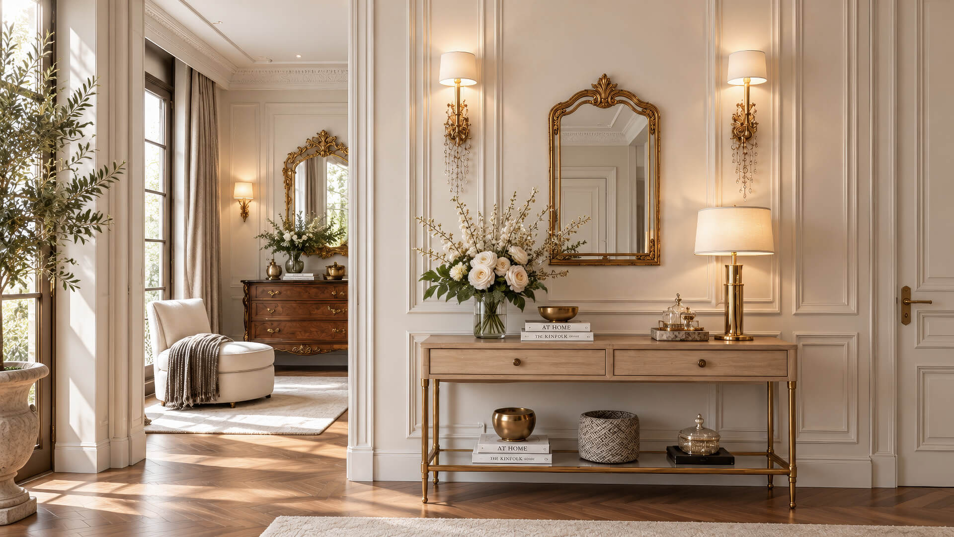 Espejo artesanal de H&G en pan de oro en recibidor elegante